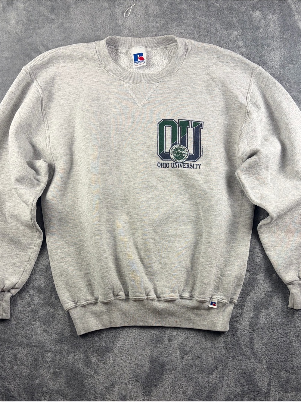 Russell Athletic Gray Crewneck with Green & Navy Ohio University Logo